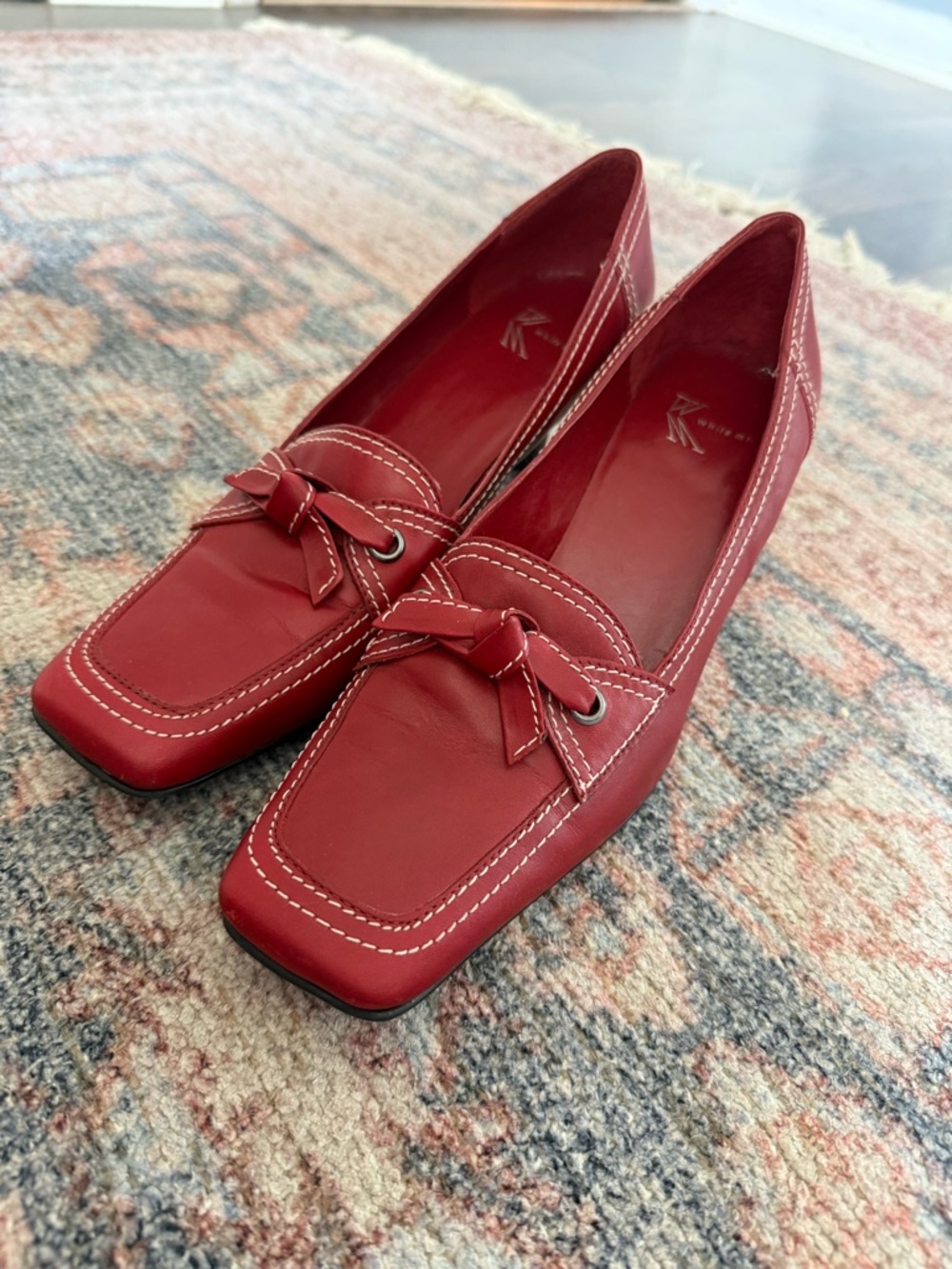 White Mountain Red Leather Square-Toe Bow Loafers